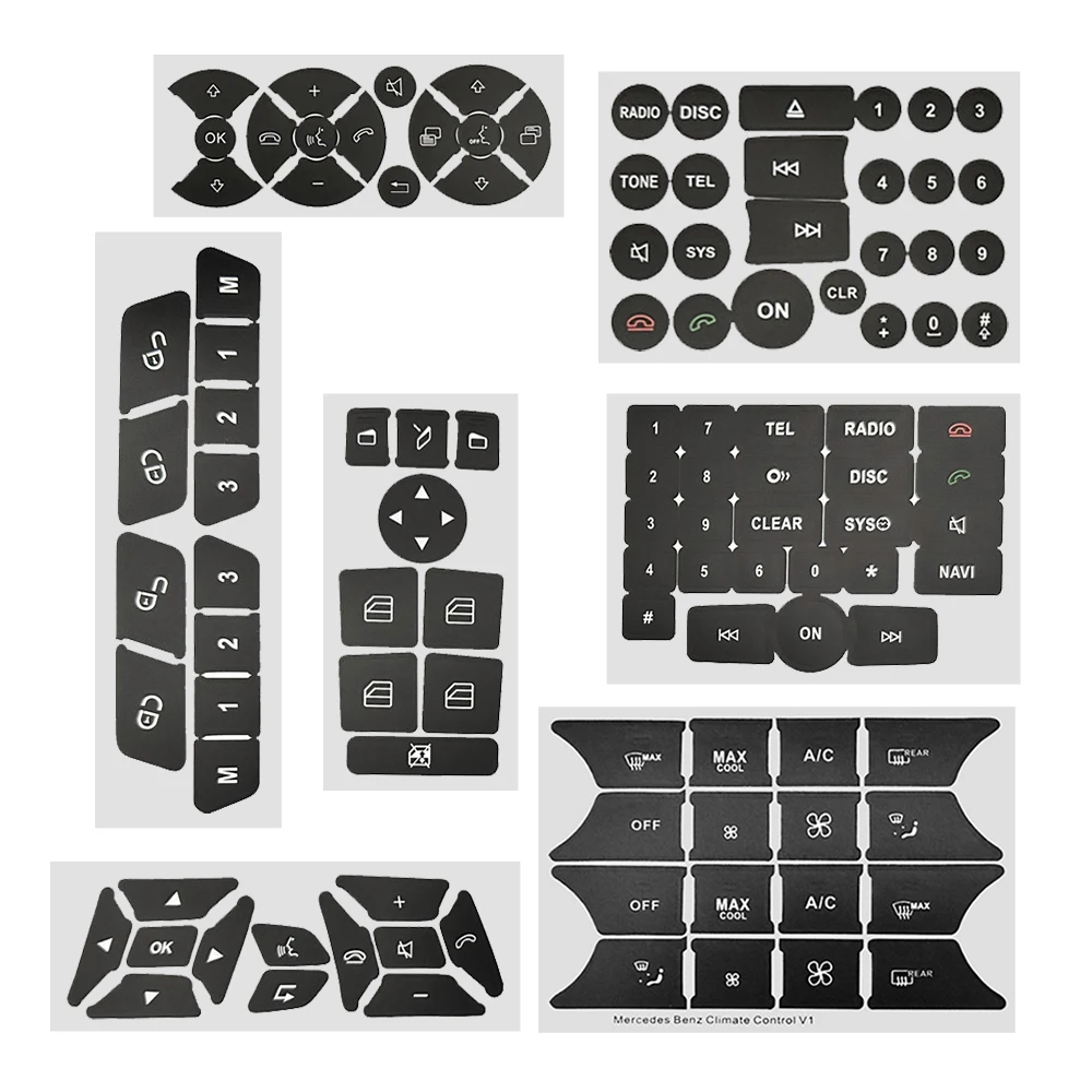 1 Set PVC car Button Repair Stickers For Benz W204 R172 W218 for Climate Control A/C, Steering Steel, Radio, Window, Door Lock
