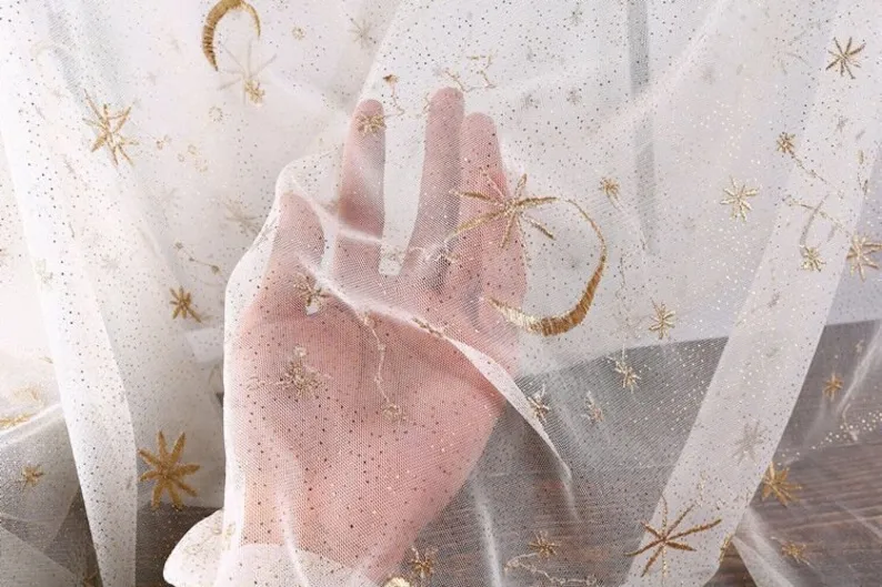 4 colors Gold Star Moon Embroidery Lace Fabric Gold Glitter dot Floral Tulle For Girl Dress, Top Blouse,  , Wedding Background