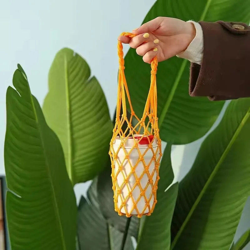 Handmade Woven Mesh Bag Portable Coffee Cup Holder Reusable Water Bottle Tote Bag Multi Purpose Small Item Storage