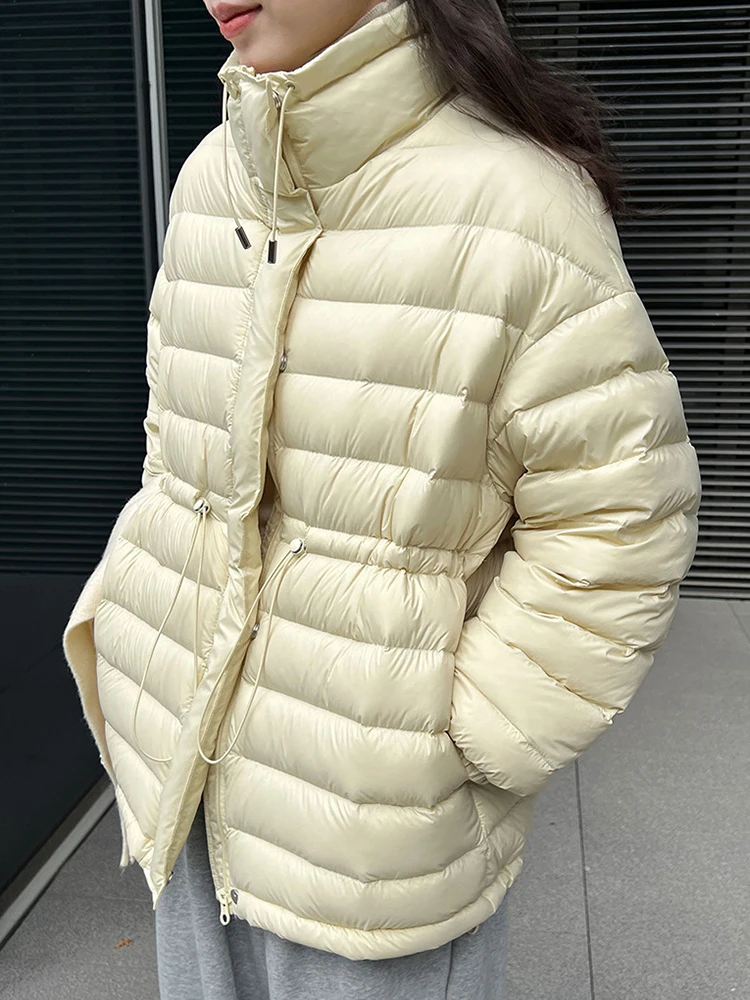 YERMORA Women's Yellow Drawstring Warm Down Coat Stand Collar Long Sleeve Loose New Parkas Fashion Tide Autumn Winter 2025