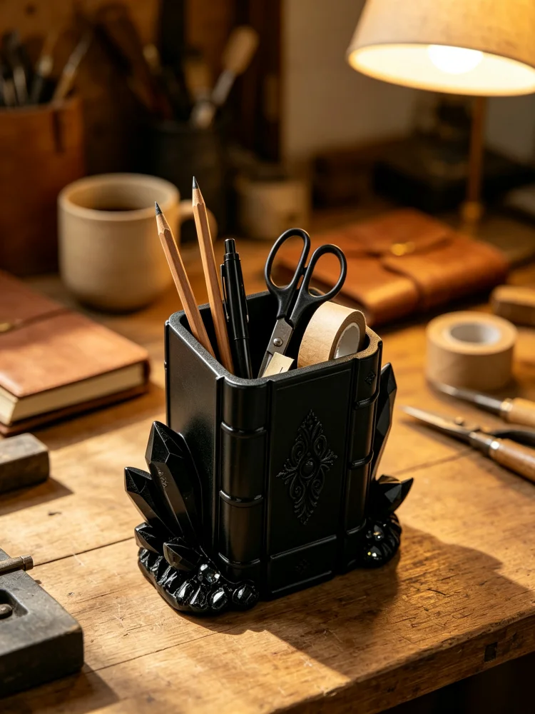 Desktop Storage Box, Magic Ancient Book-Shaped Pen Holder, Black 3D Relief Made of Petg Material, Gothic Style Stationery Storage Box with Crystal Cluster Base, Suitable for Student Desks, Office Desks, Study Rooms, Dressing Tables, for Storing Pencils, Pens, Scissors, Rulers, Makeup Brushes, Creative Desktop Decoration, Gift for Dark-Themed Enthusiasts, Halloween, Student Office Gifts