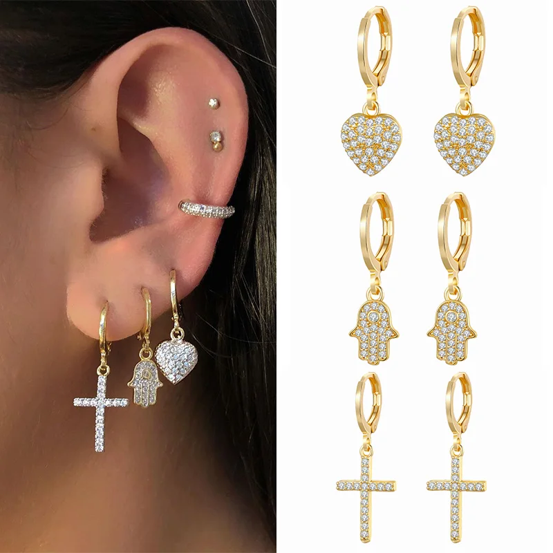 TIANDE Gold Plated Dangle Earrings for Women Zircon Piercing Heart Cross Hamasa Hand Drop Earrings 2022 Jewelry Wholesale