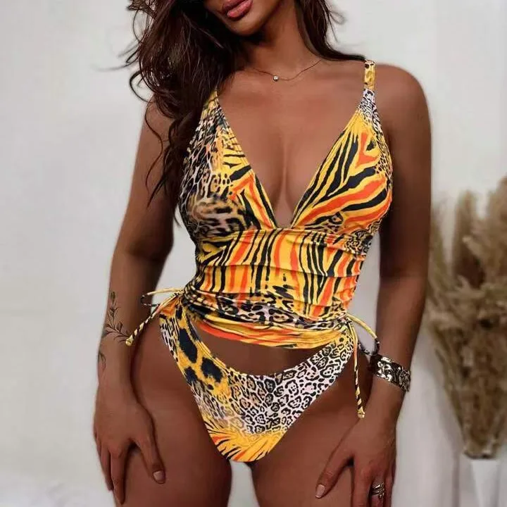 ชุดว่ายน้ำบิกินี่เซ็กซี่แบบผูกเชือก ดีไซน์ดันทรง ชุดว่ายน้ำสองชิ้นลายเสือดาว ชุดชายหาดสำหรับผู้หญิง