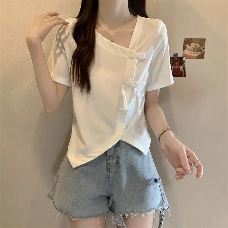 Women Summer Chinese Style Simplicity Loose Frog Solid Color V-neck Short Sleeve T-Shirt Women Clothes Casual All-match Top Tee