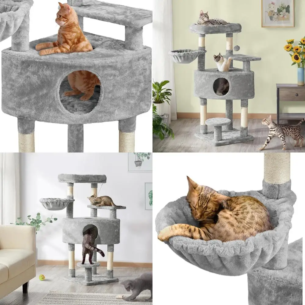

46-дюймовая премиальная лазалка-дерево для кошек с толстыми стойками для когтетрасс, плюшевыми перьями, просторным домиком, корзиной и многоуровневыми игровыми зонами для кошек, живущих в помещении