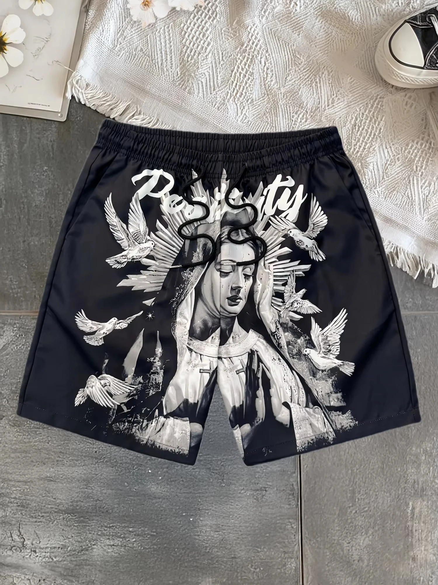 

2026 New Arrival Virgin Mary & Dove Print Shorts - Gothic Religious Streetwear, Black & White Casual