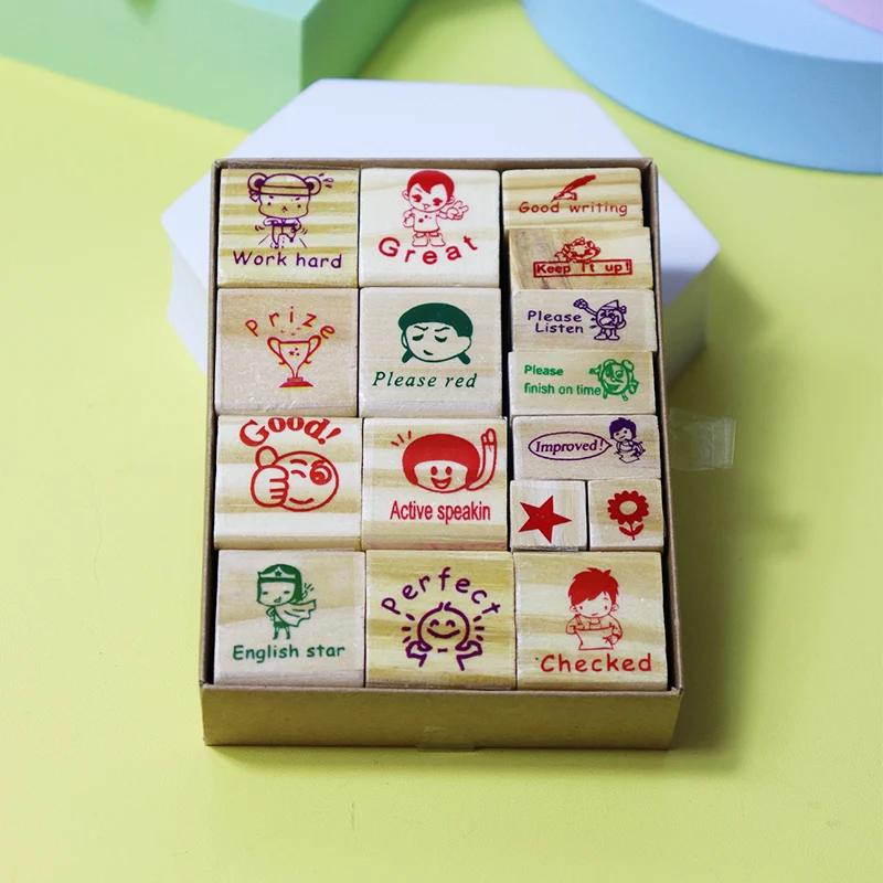 

16 Pieces/Set English Reward Stamp Wooden Encourage Stamper Cartoon Print Signet School Teacher Supplies Teaching Aids No Inkpad