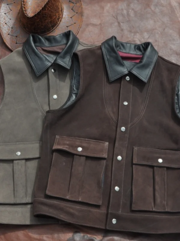 

Casual Leather Biker Vest for Men Big ket Workwear Flip Suede Cowhide Busin Casual Vest Loose Fit Youth Trend