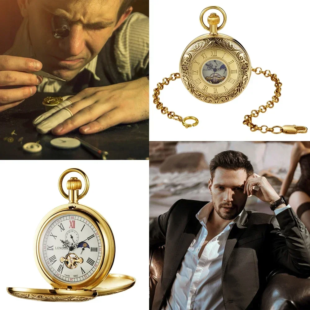 NEW Vintage Roman Numeral Cover Men's Pocket Watches Mechanical Men's Necklace Simple Business Pendant Pocket FOB Watch