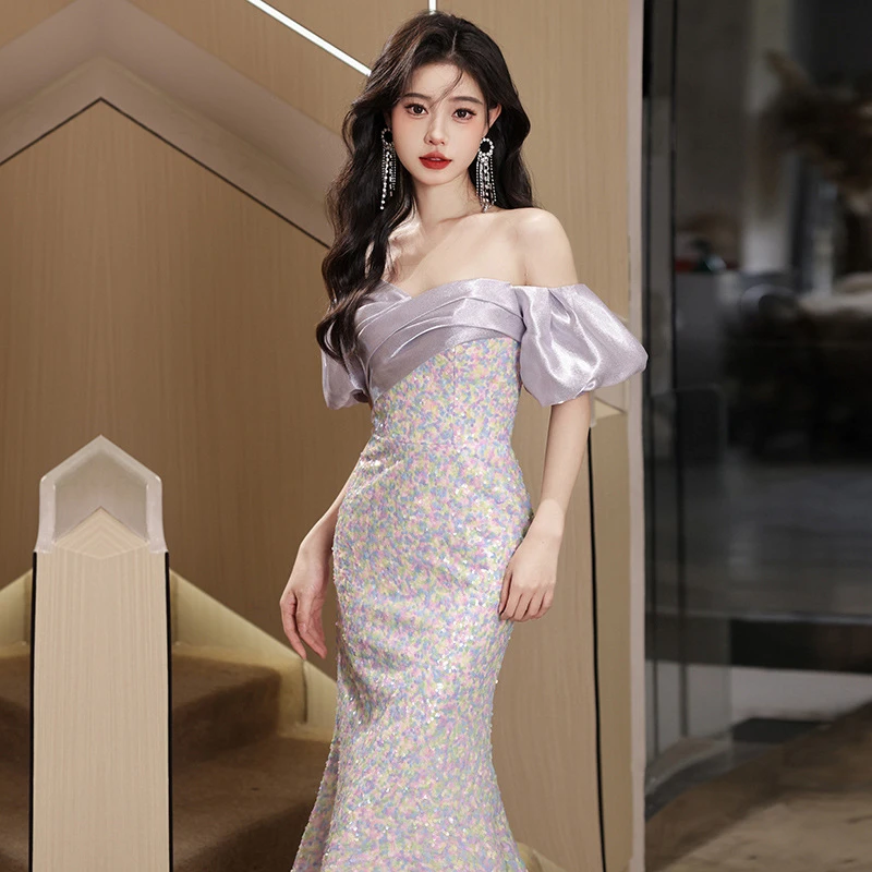 

New Style One-Shoulder Light Luxury Dress Annual Meeting Host Dress High-Level Purple Bow Decoration Puff Sleeve Dress Women's