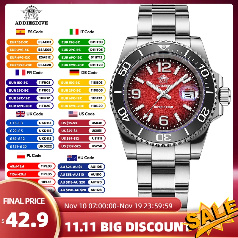 

ADDIESDIVE AD2513 41 мм Кварцевые часы Япония 2115 Механизм Минеральное стекло BGW9 Светящиеся 200 м Водонепроницаемые аналоговые мужские стальные часы