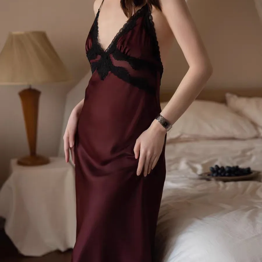 Pure Desire Style Sexy Pajamas Women's Ice Ribbon Chest Mat Long Lace Beautiful Back Sleeping Skirt Home Clothing New Style