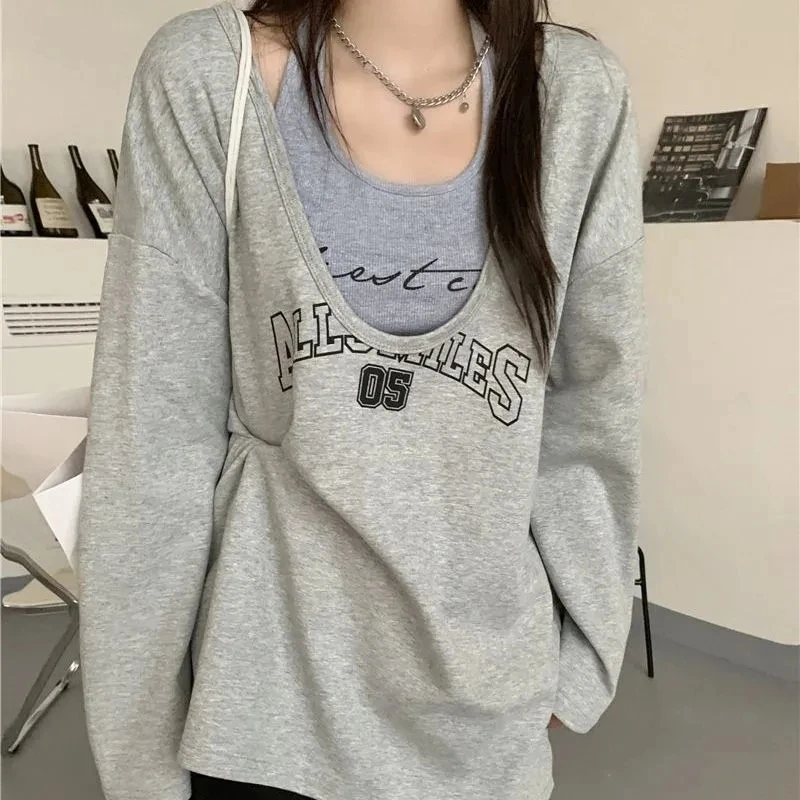 Y2K Two Pieces Set Oversized T-Shirts Women Spring Long Sleeve Halter Letter Print Sweatshirt Female Casual Loose Harajuku Tops