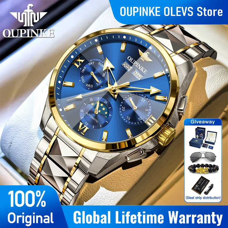 

OUPINKE Luxury Men's Automatic Mechanical Wristwatch Business Waterproof Moon Phase Date Week Reloj Mecánico Hombre 시계 남성용 3325