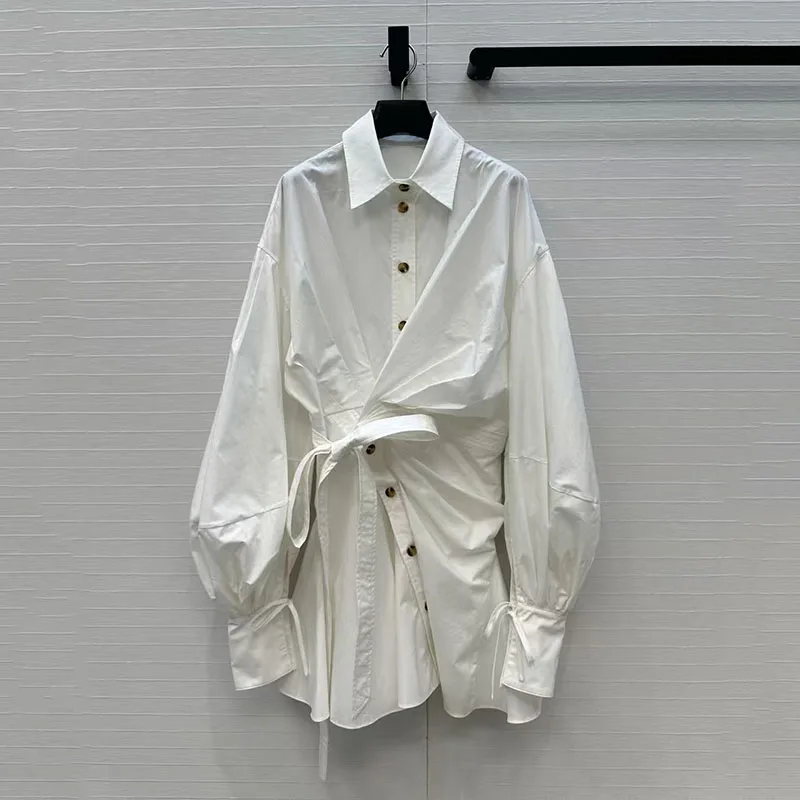 فستان قميص نسائي بطيات غير متماثلة وأكمام طويلة وياقة على الخصر وتنورة ضيقة ثوب مسائي 2025 وصول جديد لخريف y2k #1