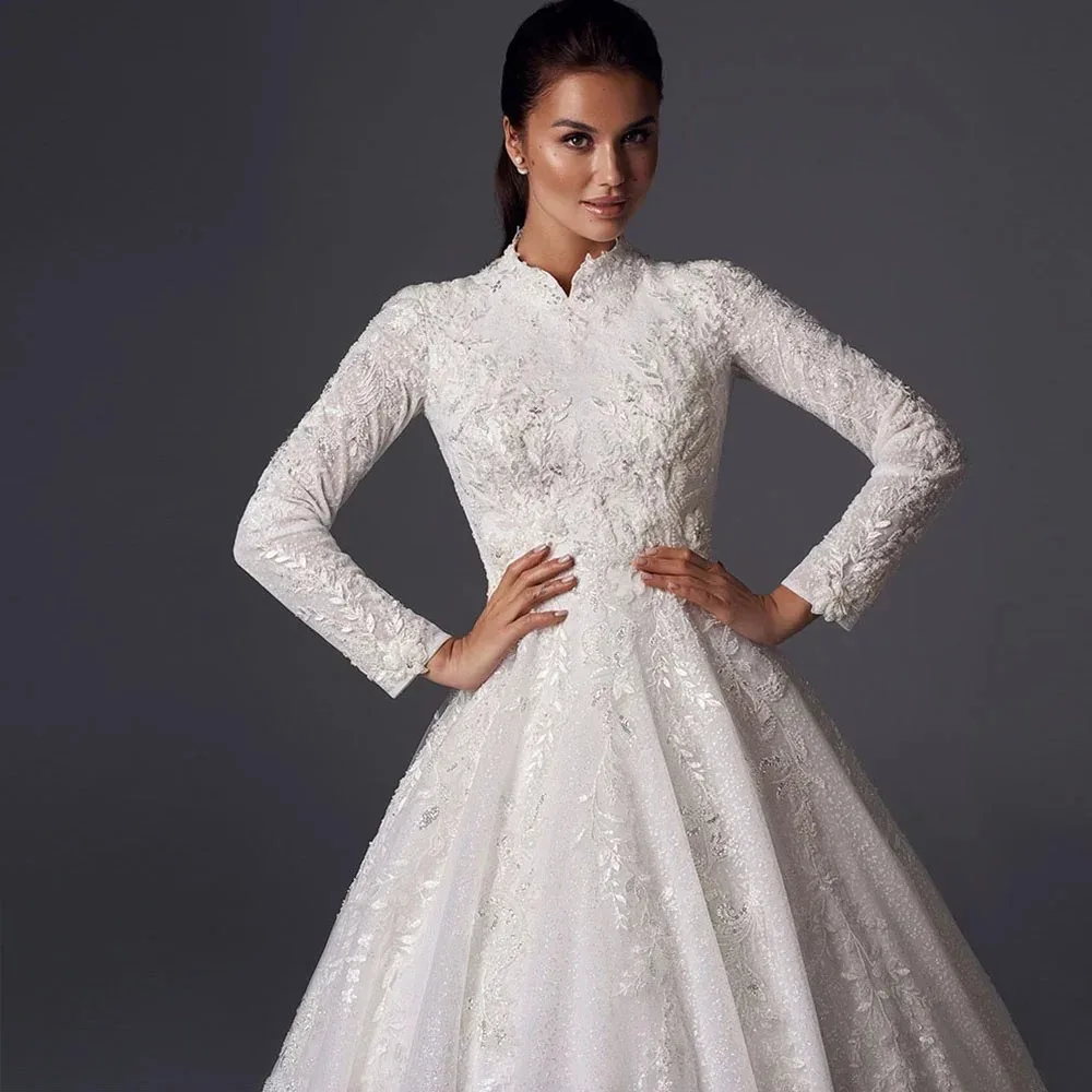 Customized 2025 Muslim High Collar A-line Wedding Dress Wrinkle Long Sleeve Lace Applique Bridal Dress Vintage Vestidos De Novia