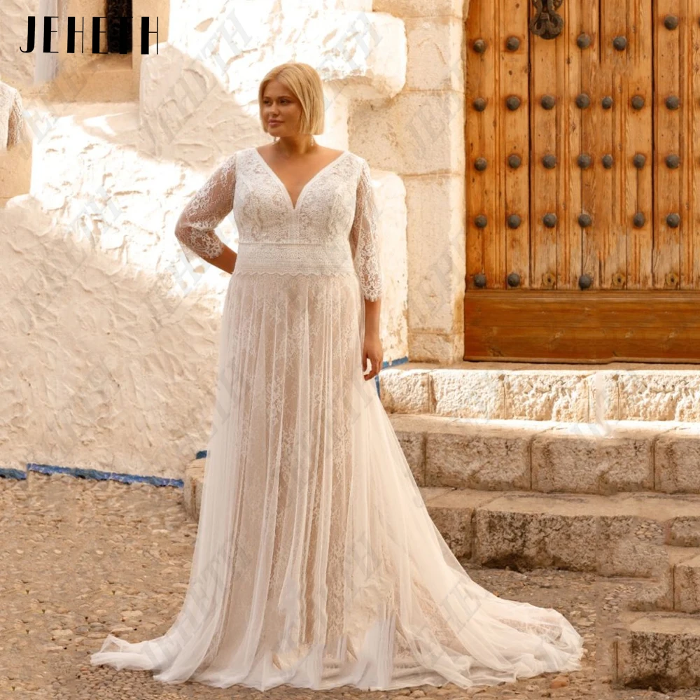 JEHETH Exquisite Wedding Dresses Plus Size For Woman 3/4 Sleeves V-Neck Bride Gowns Lace Applique A-Line Boho vestidos de novia