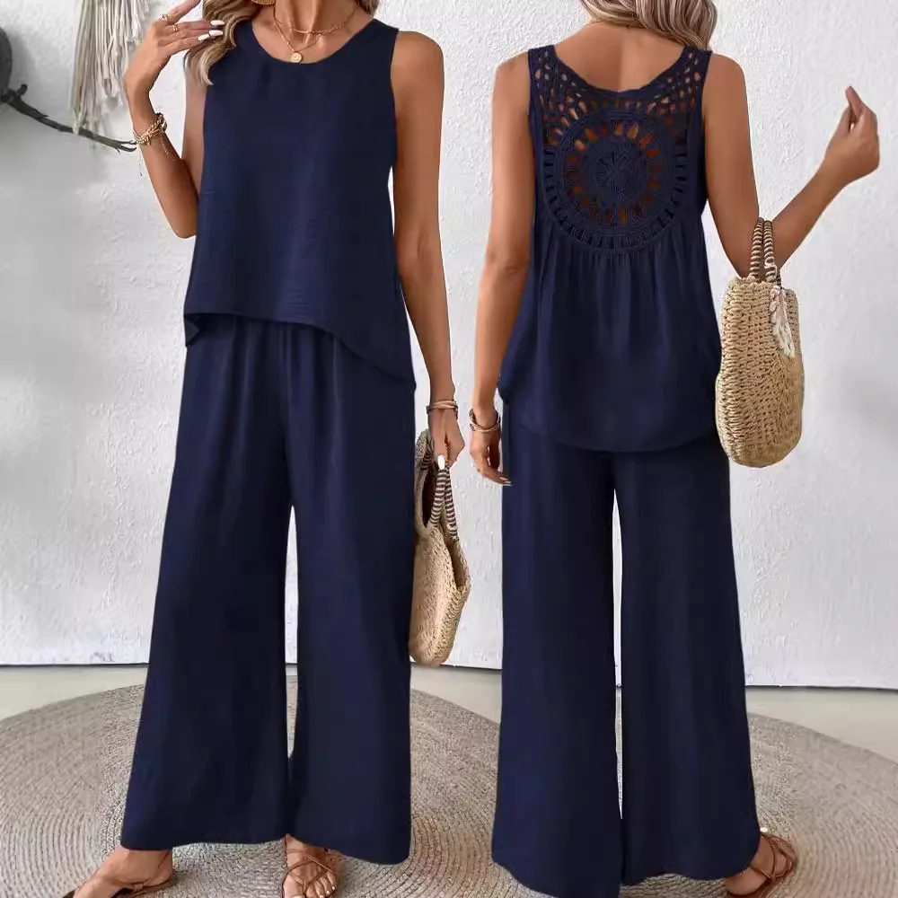 Simple Cotton Linen Women's Suits Summer Fashion Sleeveless Loose Blouse Wide Leg Pants Two Piece Set For Women Casual Outfits