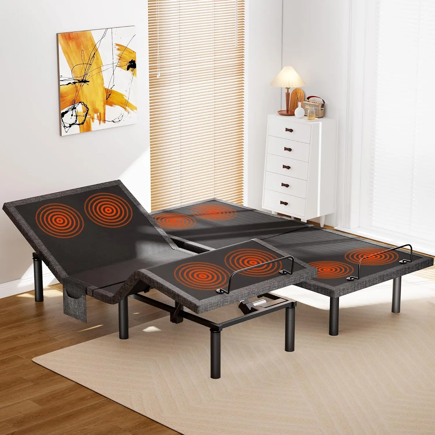 Split King Electric Adjustable Bed Base with Built-In Massage, Head & Foot Incline, 4 USB Ports, Under-Bed Nightlight, and 4 Height Positions - Adjustable Frame for Personalized Comfort