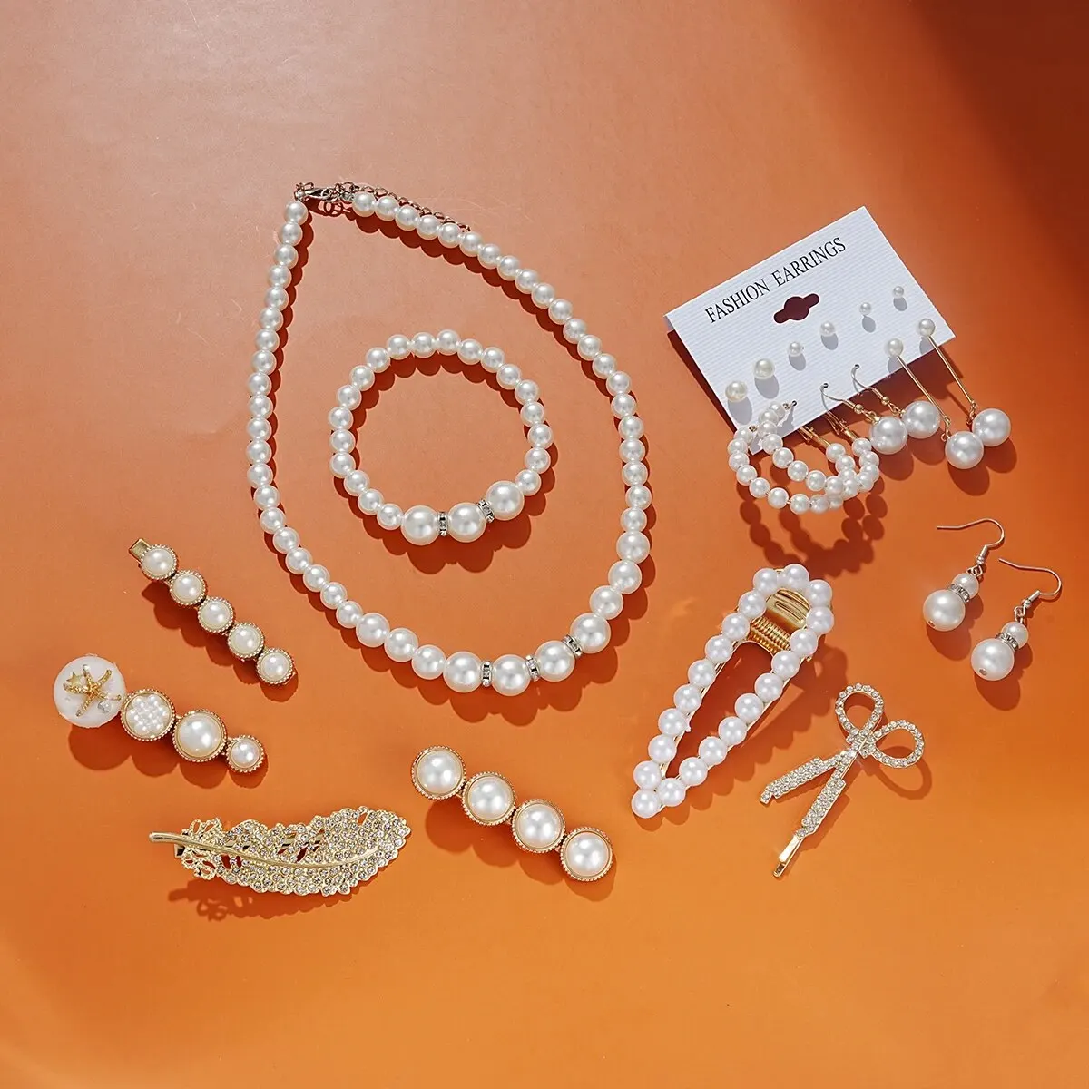 22piece Ladies Jewelry Set Pearl Earrings Necklace Feather Scissors Pearl Hairpin Set