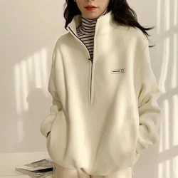 Female Top Autumn and Winter Baggy Full Zip Up Pullovers Loose Cold Women's with Zipper Sweatshirts Warm Fleece Plain Thick Coat