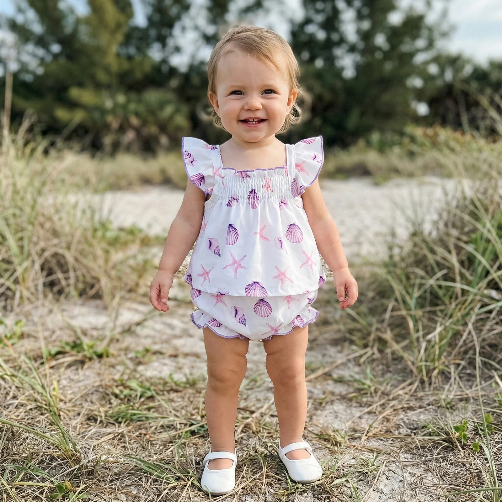 Baby Girl Summer 2Pcs Outfits Watermelon/Sunflower/Ocean Print Ruffled Trim A-Line Flying Sleeve Square Neck Tops and Shorts Set