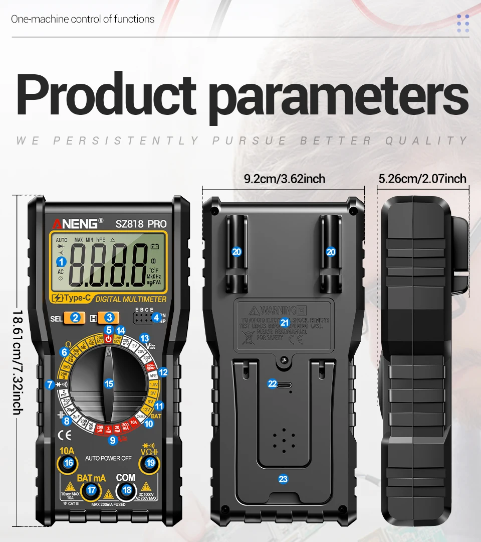 ANENG Digital Multimeters Rechargeable SZ818 Professional AC/DC Voltage NCV Ammeter Voltmeter HFE Triode Capacitor Test Tools