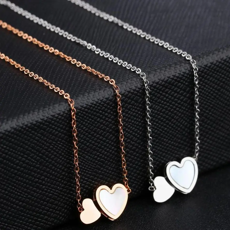 Stylish little fresh double Heart Sweet shell set stainless steel collarbone necklace for ladies birthday party jewelry