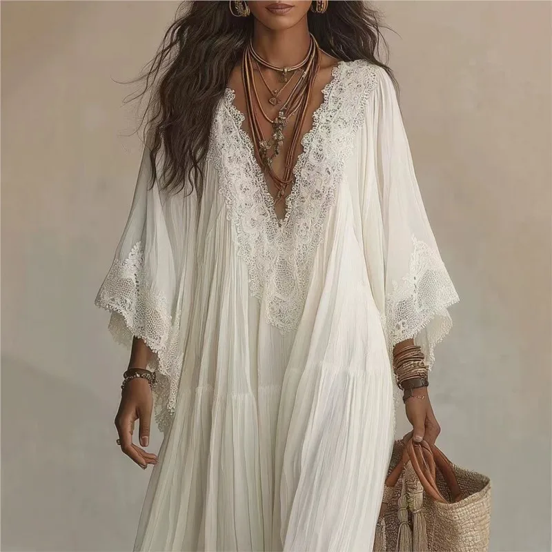 Vintage Solid Lace Maxi Dresses New Women Boho Deep V Neck Wide Flared Sleeve Folds Loose Tiered Elegant Holiday Travel Dresses view 5