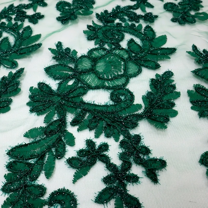 Green French Tulle Flocking Lace Fabric 2024 High Quality African Mesh Sequins Lace Fabric Nigerian For Women Wedding Dress Sew