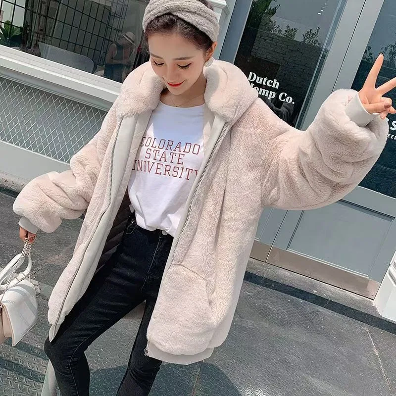 Women Autumn Solid Colors Hoodies Faux Fur Coats Loose Casual Outwears Zipper Big Pockets Hooded Coats Black Apricot Sweatshirts