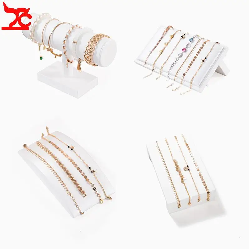 Luxurious White Leather Bracelet Chain Display Stand Jewelry Store Window Counter Showcase Rack Bangle Watch Organizer Storage