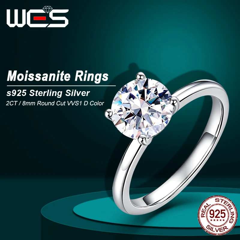 WES 2ct Moissanite Engagement Ring for Women White Gold 100% S925 Sterling Silver Lab Diamond Promise Wedding Band Jewelry