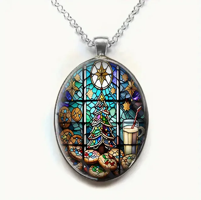 Oval Shaped Glass Pendant Necklace with Flower Patterns Outside The Window, A Romantic and Fashionable Accessory