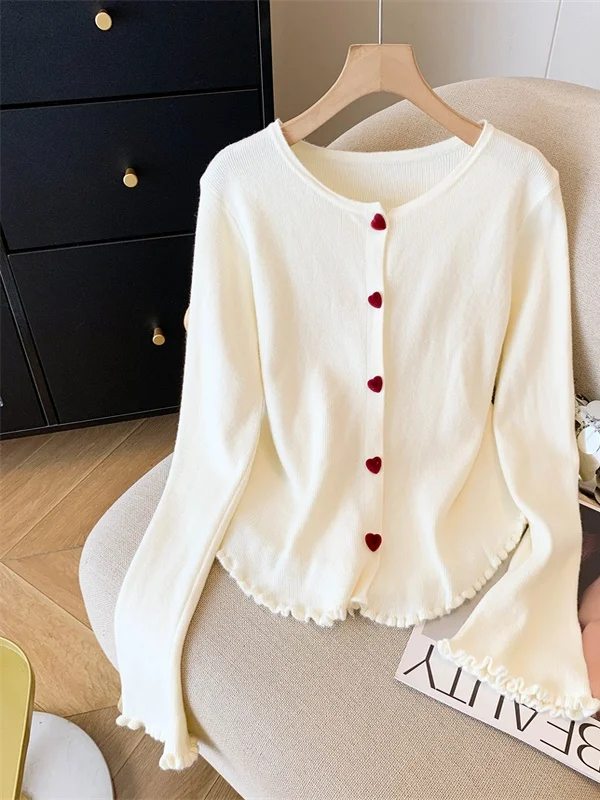 Soft Knitted Button-Up Sleeveless Sweater Women's Slim Fit round Neck Long Sleeve Autumn Winter Fashion Gentle Style Bell Sleeve view 4
