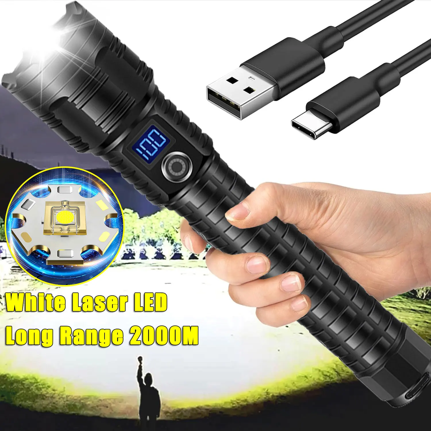 White laser Flashlight 10000Mah USB Charging Outdoor Zoom Long-Range Intelligent Screen Display LED Multifunctional Flashlight