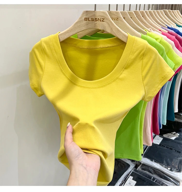 2026 Sexy Quadratischer Ausschnitt Slim T-Shirt Damen Baumwolle Elastisch Basic Einfarbig Lässige Oberteile Kurzarm Dünne T-Shirts Transparent – Detail 12