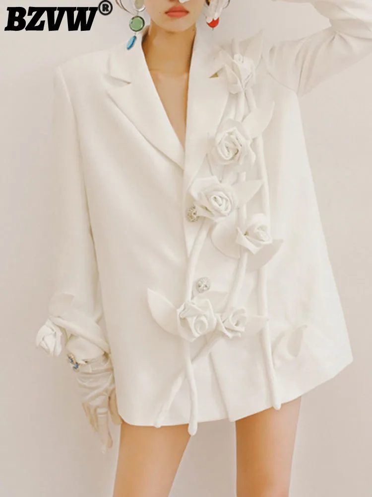 BZVW 2025 nuevo Blazer de diseñador suelto con flores 3D blancas francesas para mujer abrigo primavera otoño moda chaqueta de traje de nicho marea