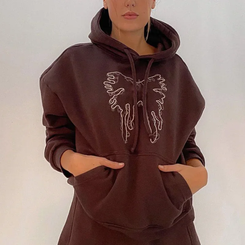 

Butterfly Embroidered Sweatshirt Set Women Solid Color Casual Sport Style Hoodies Suits Spring Autumn Loose All-Match Streetwear