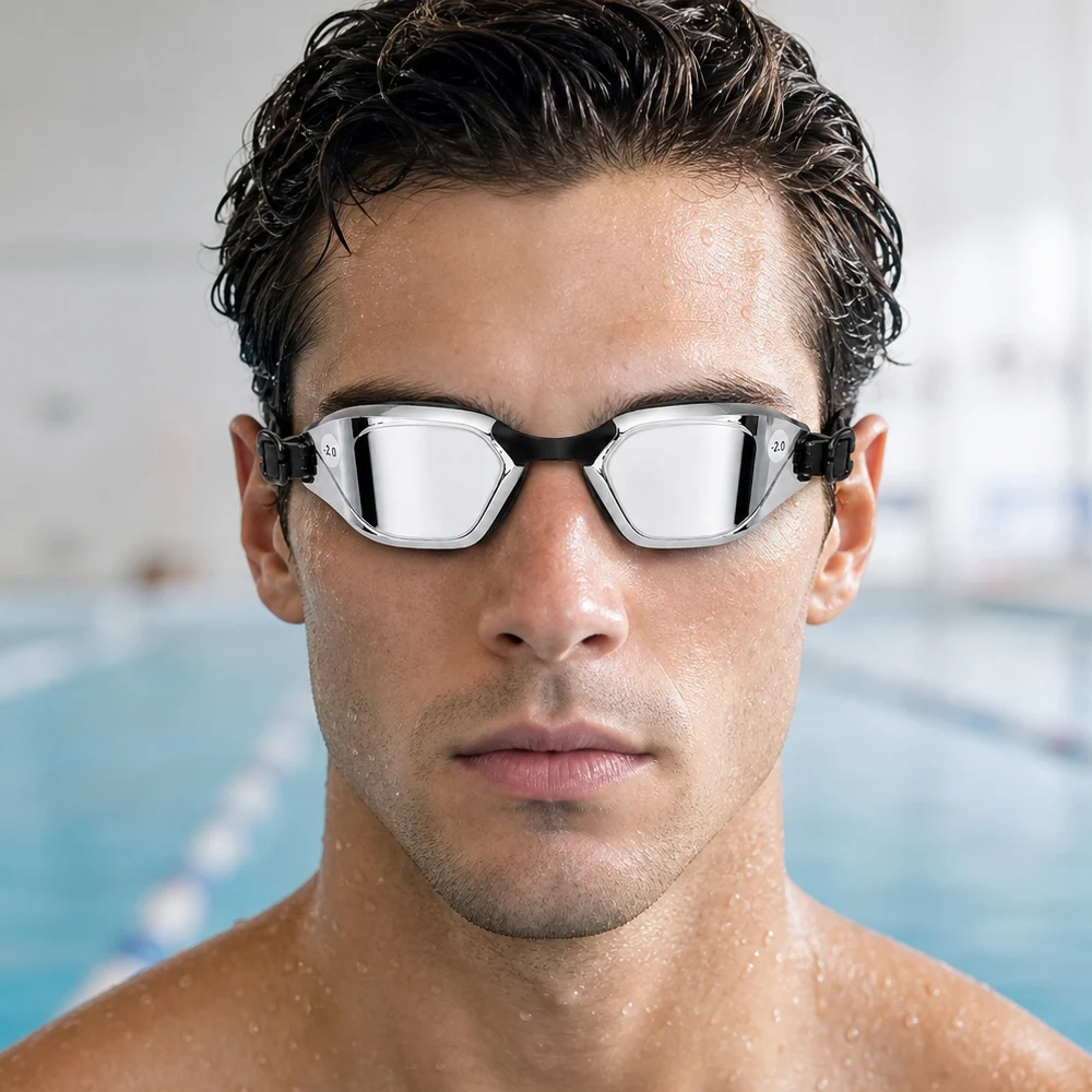 Myopia Swim Goggles for Adults – Anti-Fog HD, 3 Sizes Nose Clips, Prescription Swimming Glasses for Men & Wome