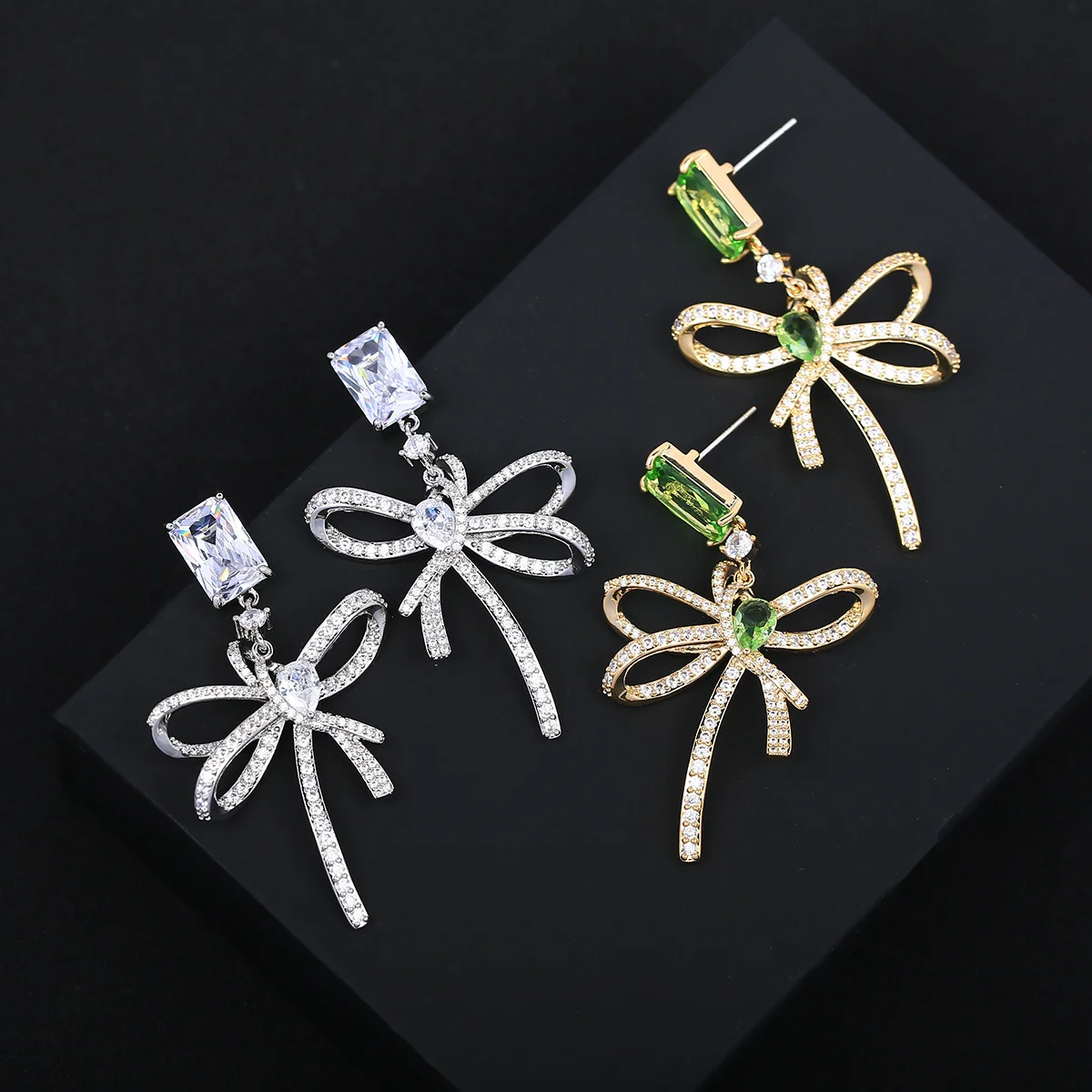 

925 Silver Needle Luxury Bowknot Gemstone Drop Earrings, Elegant Bridal Wedding Jewelry Gift for Women