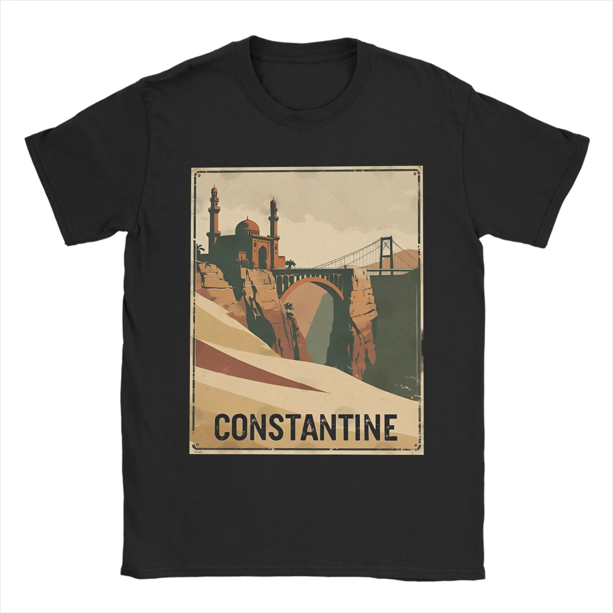 Constantine Algeria Bridge & Mosque Vintage Tshirts Men's 100%Cotton Clothing Vintage Algerian  Round Neck Short Sleeve