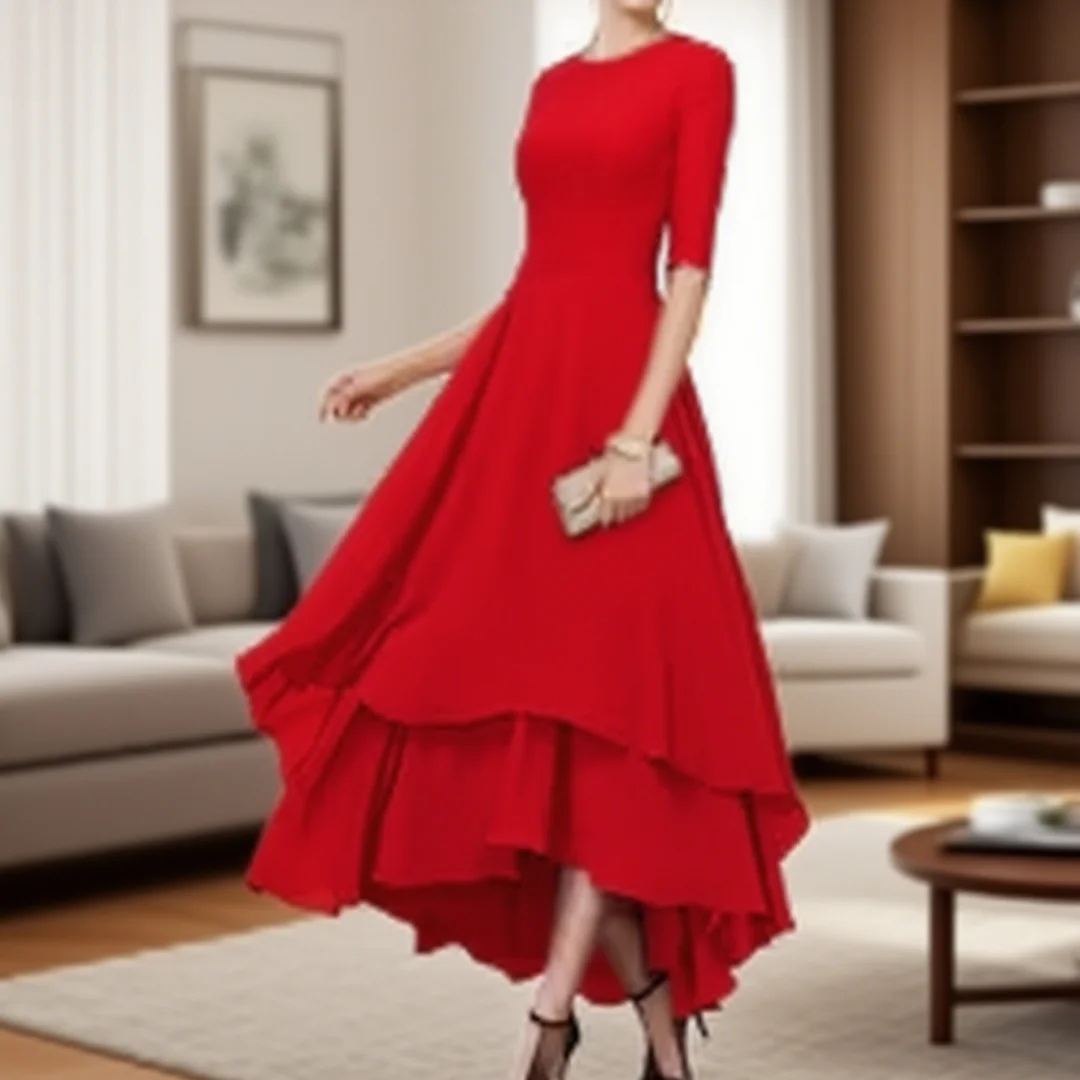 

Customized classic pleated chiffon tea-length A-line wedding dress for the mother of the bride for the formal evening event