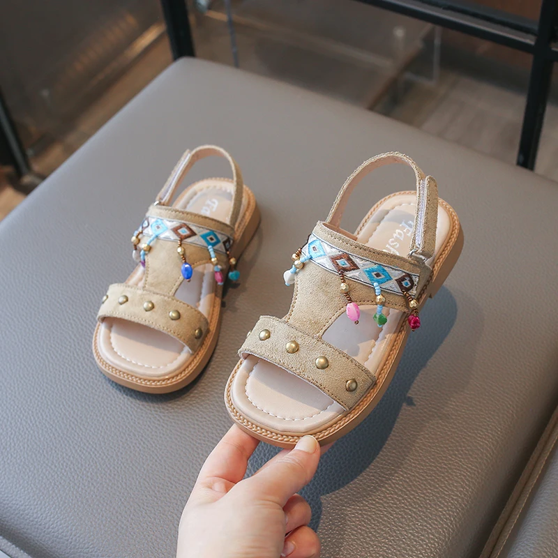 2026 Summer Bohemian Girls' Sandals, Retro Studded Beaded Roman Sandals, Soft Sole, Non-Slip Children's Beach Slippers