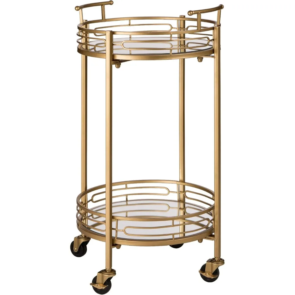

Круглая золотая барная тележка с 4 колесами, двухуровневый поднос Deluxe, металлическая и зеркальная стеклянная столешница, сервировочная тележка на колесиках для кухни