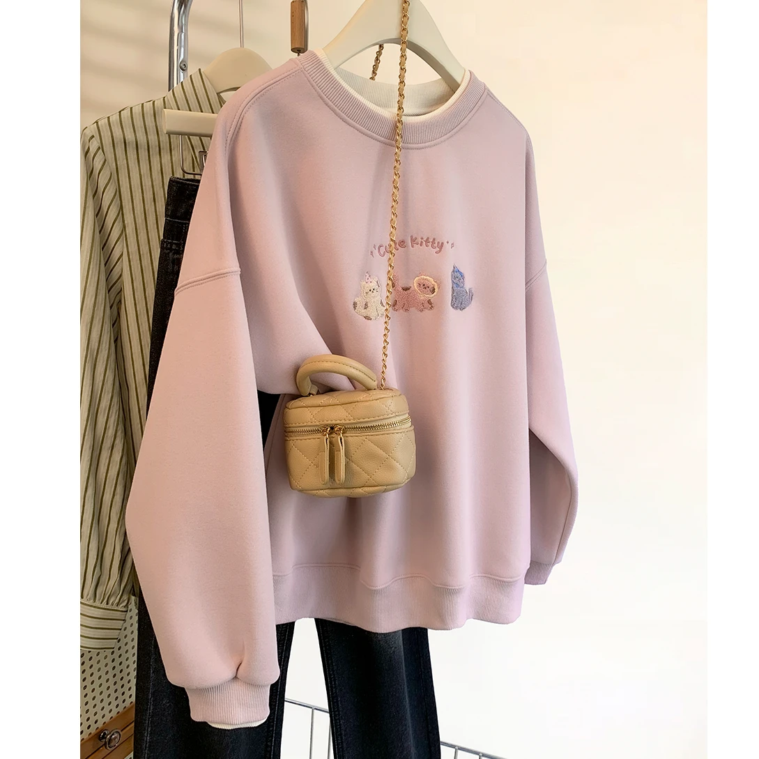 

Женская толстовка в корейском стиле, винтажная, на флисовой подкладке, утолщенная, свободного кроя, без капюшона, популярная, розовая, с круглым вырезом, до плеч