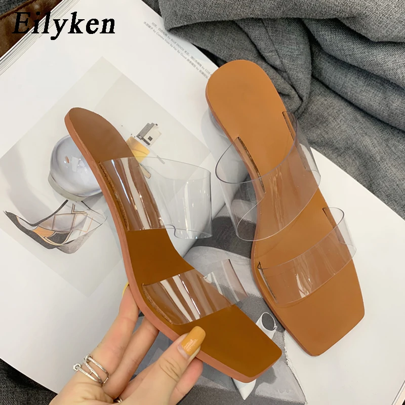 Eilyken moda PVC trasparente pantofole donna stile strano tacchi alti estate muli diapositive scarpe Sandalias Mujer