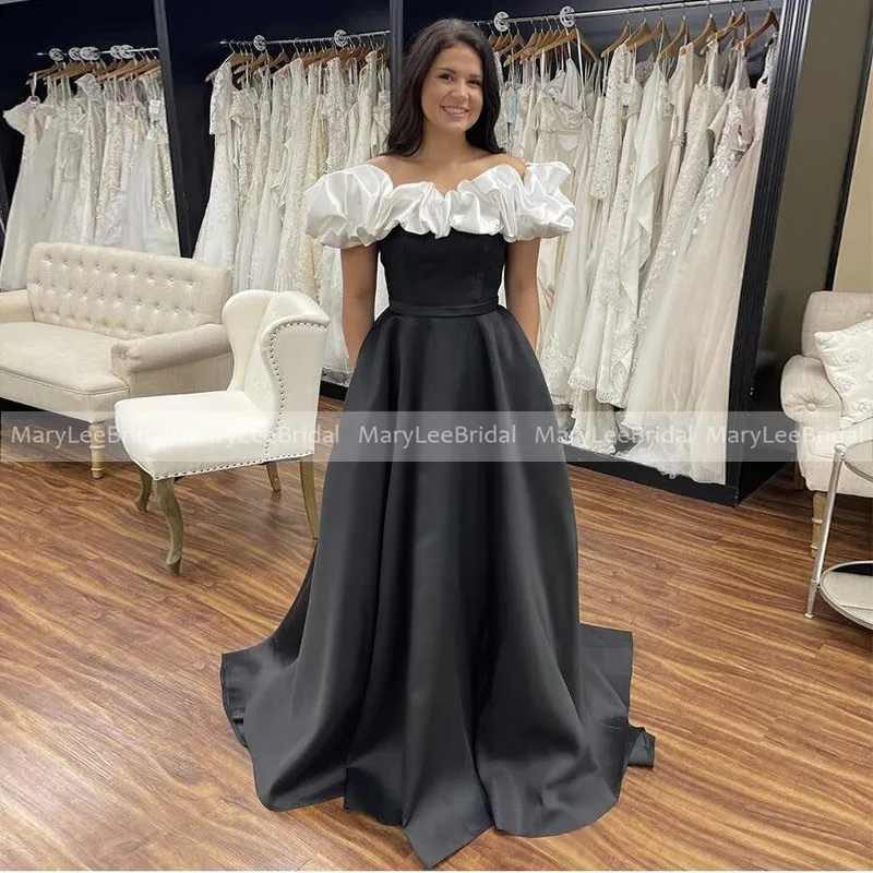 

Boat Neck Black Prom Dresses With White Ruffles Simple A-Line Pocket Wedding Party Dress Long Formal Prom Gowns Robes De Soirée