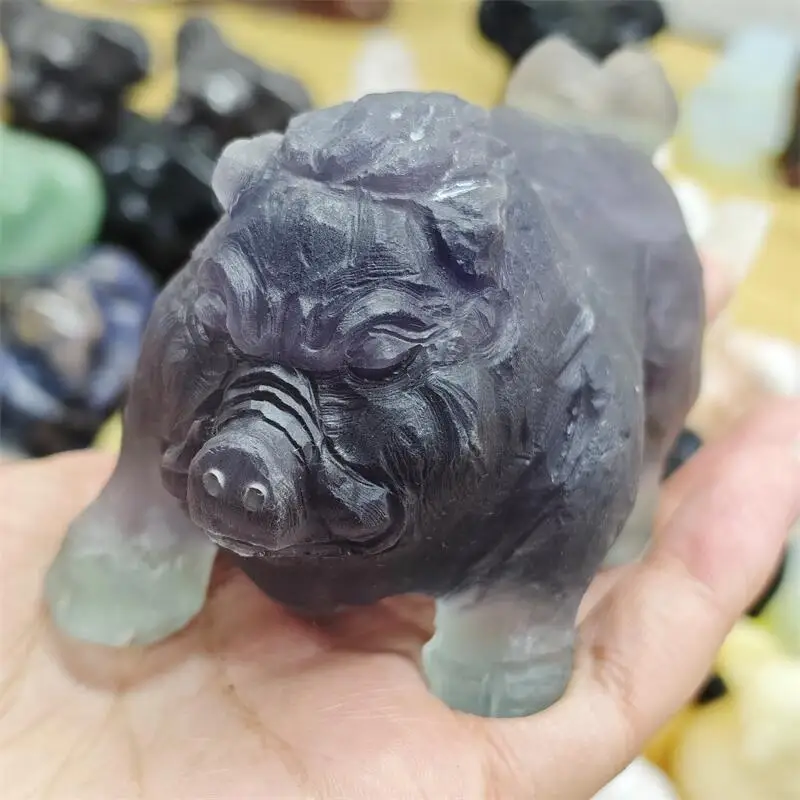Natural Fluorite Cartoon Pig Carving Healing Fengshui Stone Sculpture For Decoration Holiday Gift 1PCS
