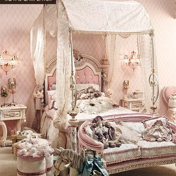 Italy European Style Solid Wood French Girl Bed with Pink Princess Mosquito Net Rod Painted 1.2m 1.5m for Children's Bedroom